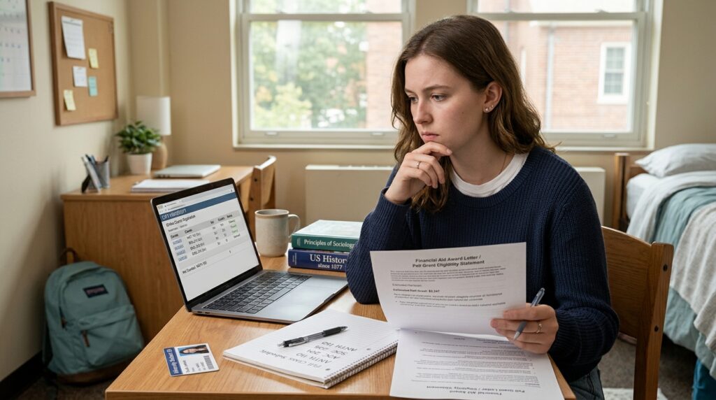 College student reviewing course registration and financial aid documents to check Pell Grant eligibility.