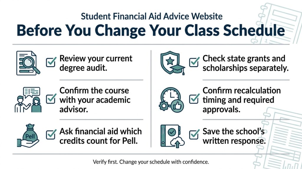Six-step checklist for verifying Pell Grant course eligibility before changing a college schedule.